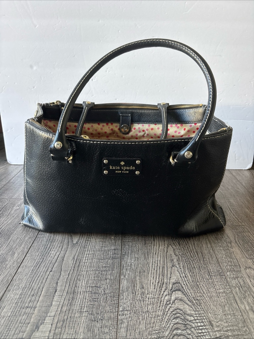 kate spade Black Leather Satchel with Polka-Dot Lining
